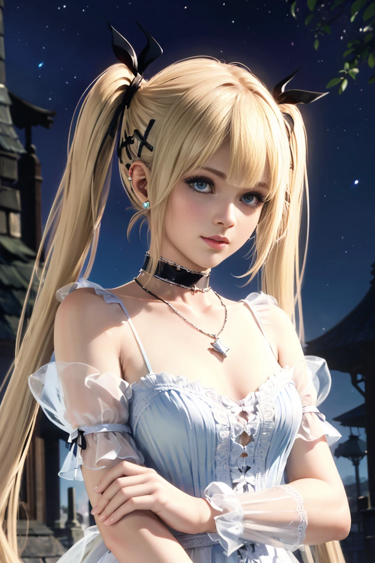 (Fluorescent color: 1.4), (translucent: 1.4), (Vintage filter: 1.4), (Fantasy: 1.4), Moon night background,, Ultra-realistic, super high quality, Cinema Lighting, Shadows in the movie, Extensive details, Full HD Painting, Enough light, The most beautiful and gorgeous girl, Ultra-high resolution, Fine skin, (Strong light), ((Lighten up the subject)), White collared dress, Wearing a black gothic lolita dress, Knee-high socks, choker, Ear Piercing, necklace, masterpiece, Highest quality, Real Skin, (Portraiture:1.5), 1 Girl, Blunt bangs, Blonde wavy long hair, Twin tails, Twin tails,