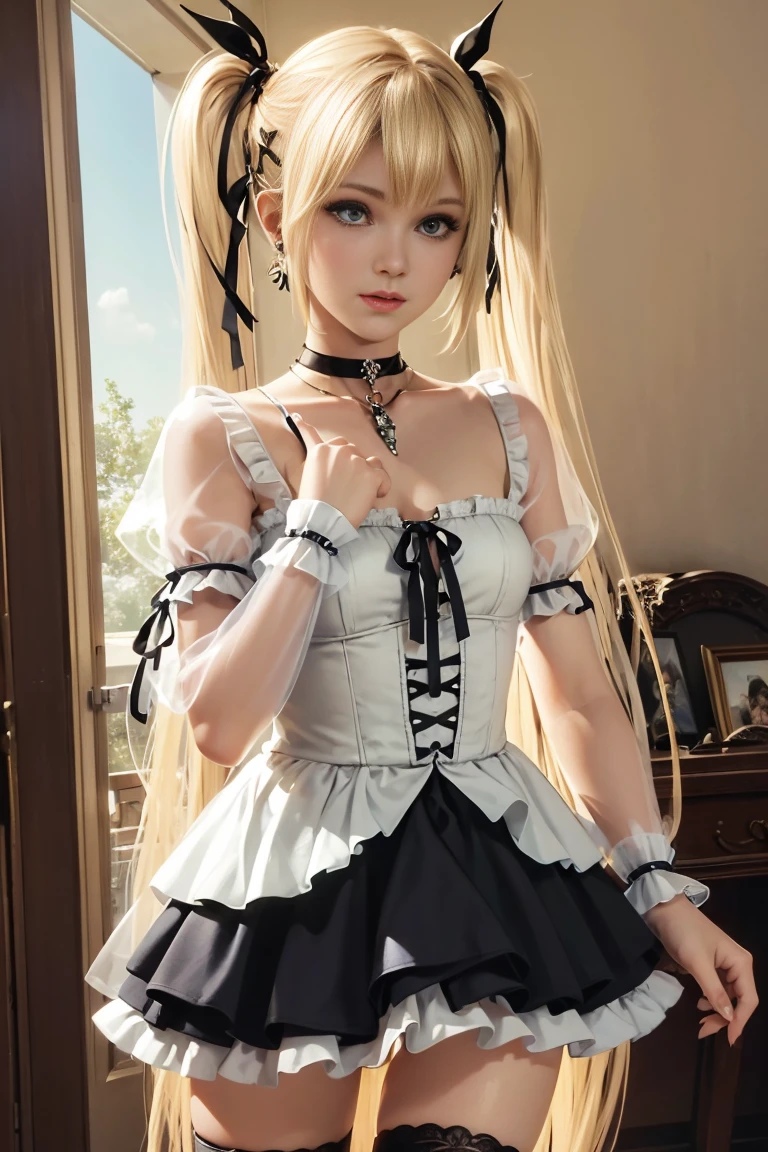 (Fluorescent color: 1.4), (translucent: 1.4), (Vintage filter: 1.4), (Fantasy: 1.4), Moon night background,, Ultra-realistic, super high quality, Cinema Lighting, Shadows in the movie, Extensive details, Full HD Painting, Enough light, The most beautiful and gorgeous girl, Ultra-high resolution, Fine skin, (Strong light), ((Lighten up the subject)), White collared dress, Wearing a black gothic lolita dress, Knee-high socks, choker, Ear Piercing, necklace, masterpiece, Highest quality, Real Skin, (Portraiture:1.5), 1 Girl, Blunt bangs, Blonde wavy long hair, Twin tails, Twin tails,