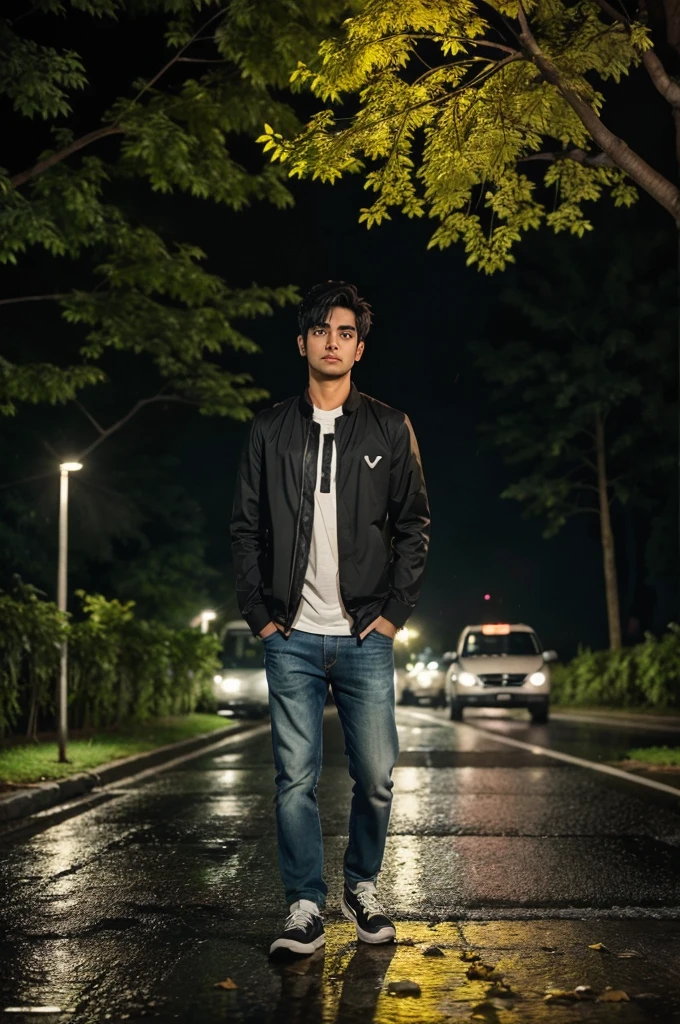 a sad broken heart boy going throught a rainy night road coverd with side planted tree branches with leaves and write a note on the created image JISKO DIL ME RAKHTE HAI WAHI DIL TOD JATE HAI