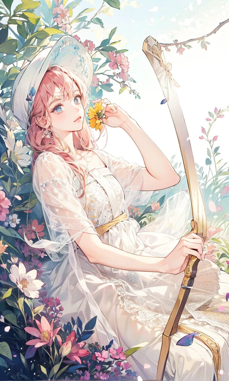A girl wearing a hat, holding a flower, long hair, flower on top of the hat, wearing dress , holding a archery,