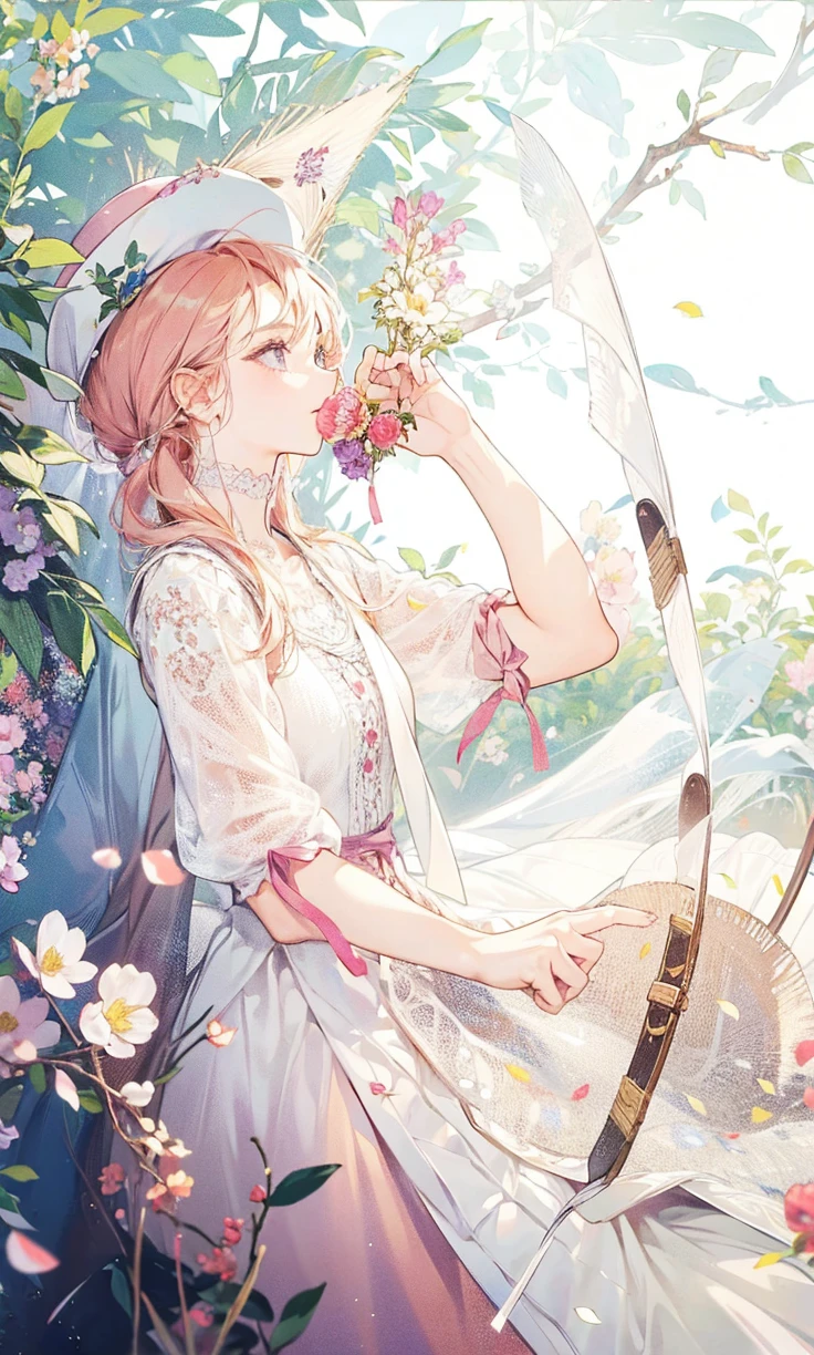 A girl wearing a hat, holding a flower, long hair, flower on top of the hat, wearing dress , holding a archery,
