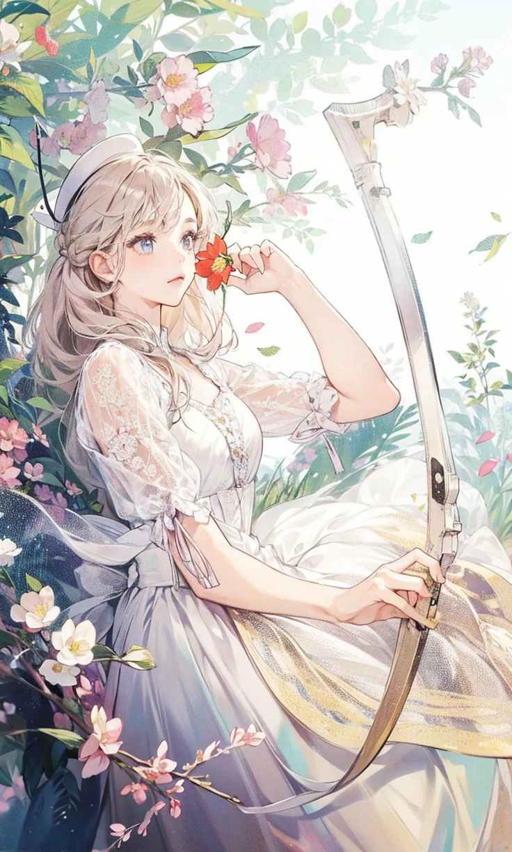 A girl wearing a hat, holding a flower, long hair, flower on top of the hat, wearing dress , holding a archery,