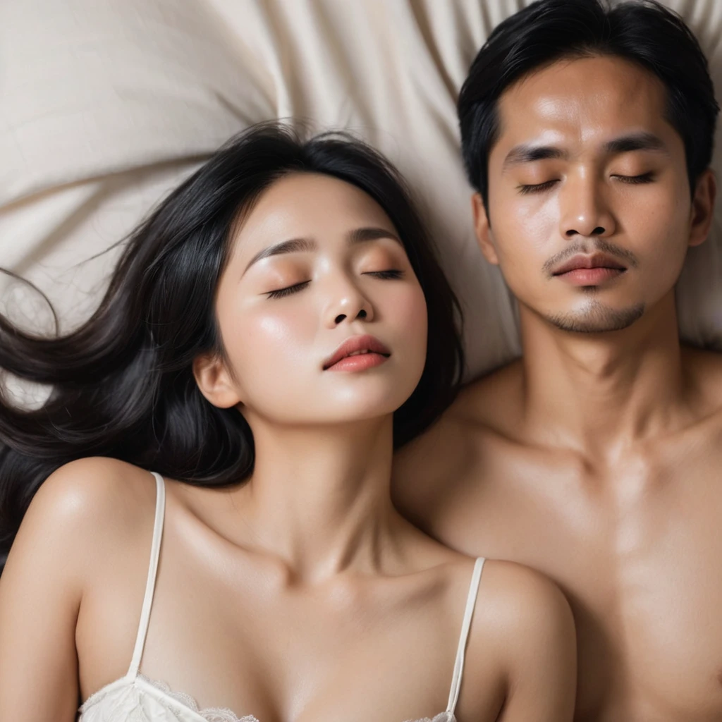 an Indonesian woman, eyes closed, eyebrows furrowed, face facing upwards, sleeping with her lover, captured from the top angle,