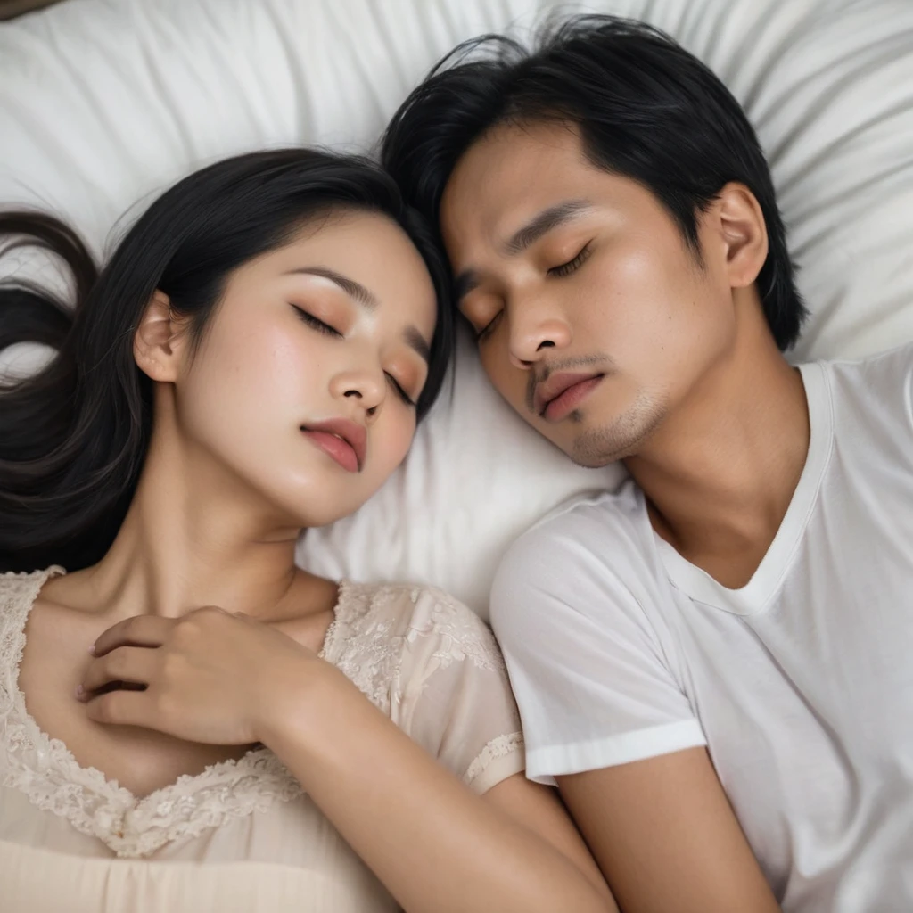 an Indonesian woman, eyes closed, eyebrows furrowed, face facing upwards, sleeping with her lover, captured from the top angle,