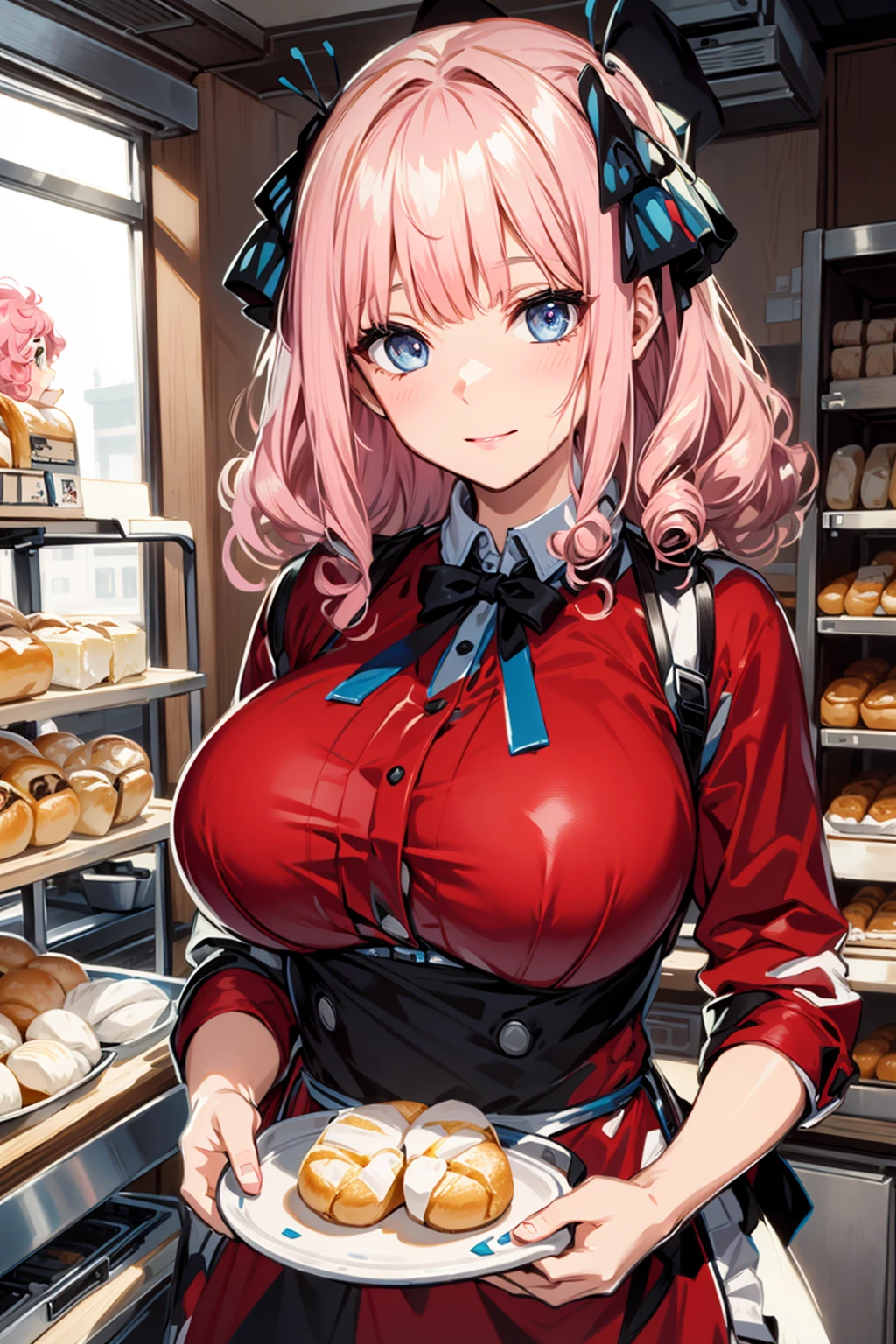 absurd, 8K, high resolution, ultra detailed, beautiful, masterpiece, best quality, very pretty woman, young, blonde hair, baker, apron (very big breasts: 1.3), (curls: 1.6), detailed woman's face, very attractive, in the bakery, breads, Nino_N, pink hair, bangs, blue eyes, hair ornament, butterfly hair ornament