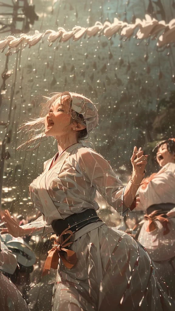 (from below:1.3), (((Emphasizing rain streaks:1.95))), (((super stormy,大型台風級of豪雨,like a rain of super typhoon:1.2)))of(((Singing and dancing wildly in the,A large crowd enjoying the Awa Odori dance:1.4))), 