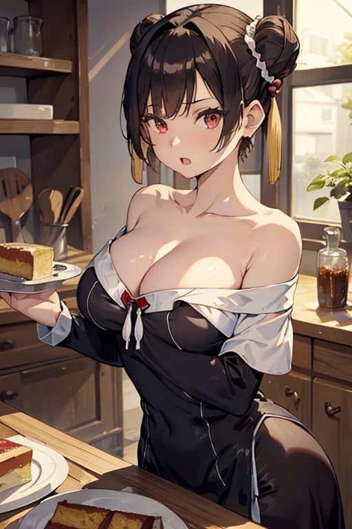 masterpiece, 1girl, Amazing Cleavage:1.3, thin waist, big ass, Raised sexy, medium breast:1.3,posed cleavage:1.2,solo, looking at viewer, open mouth, have a cup of coffee,black hair, red eyes, dress, bare shoulders, jewelry, collarbone, sidelocks, hairband, earrings, indoors, off shoulder, :o, sweater, arms behind back, plant, short hair with long locks, white hairband, off-shoulder dress, sweater dress, off-shoulder sweater, red sweater, big side hair, very long side hair,is rendered in (masterpiece: 1.2, best quality), with (ultra high resolution) and an exquisite (depth of field). This masterpiece is not only visually stunning but also tells, make of cooking some cakes ,in the kitchen
