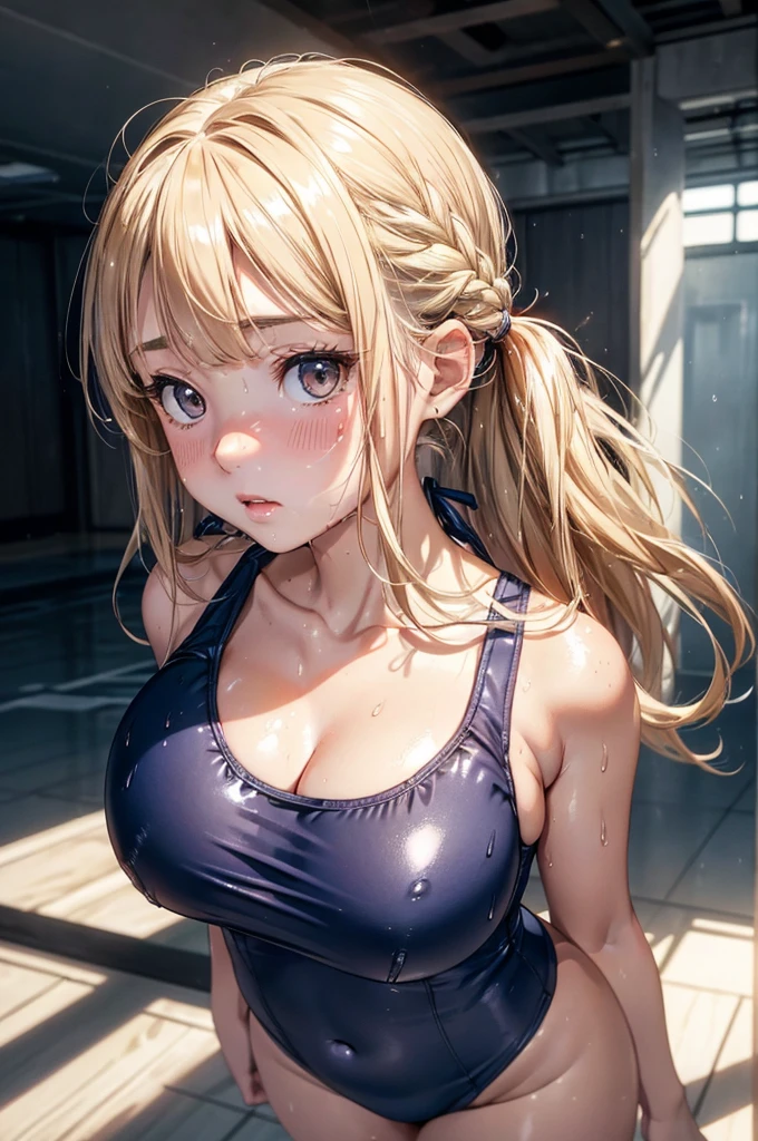 Absurd, Super detailedな,(In 8K:1.3),Masseter muscle area,(masterpiece:1.2)、(Highest quality)、4K、Super detailed、(Movement Structure:1.4)、(Shining Lights、Atmosphere lighting), High resolution, Best Quality、(One girl:1.4),Super detailedな,Bright colors、Treebreak Production Art、(Warm color light source:1.2),High-level image quality、Fine image quality、Intricate details,Volumetric Lighting,Realism BREAK、Profile、 Idol face、、Very beautiful face and eyes, Beautiful images、 natural make up、puffy eyes、catchlight eyes、deep detailed eyes、 (Big Tits:1.2)、(glossy skin :1.5),(curvy body:1.2)、 (Be embarrassed:1.4), (blonde hair、blunt bangs、twintails、wet hair), (Be embarrassed:1.4), Dark navy eye color. (A school swimsuit with a vivid texture:1.3), (super wet skin:1.2) 、(Breast bag)、 (white background),(Baby Face:1.5)、(overhead shot:1.4)