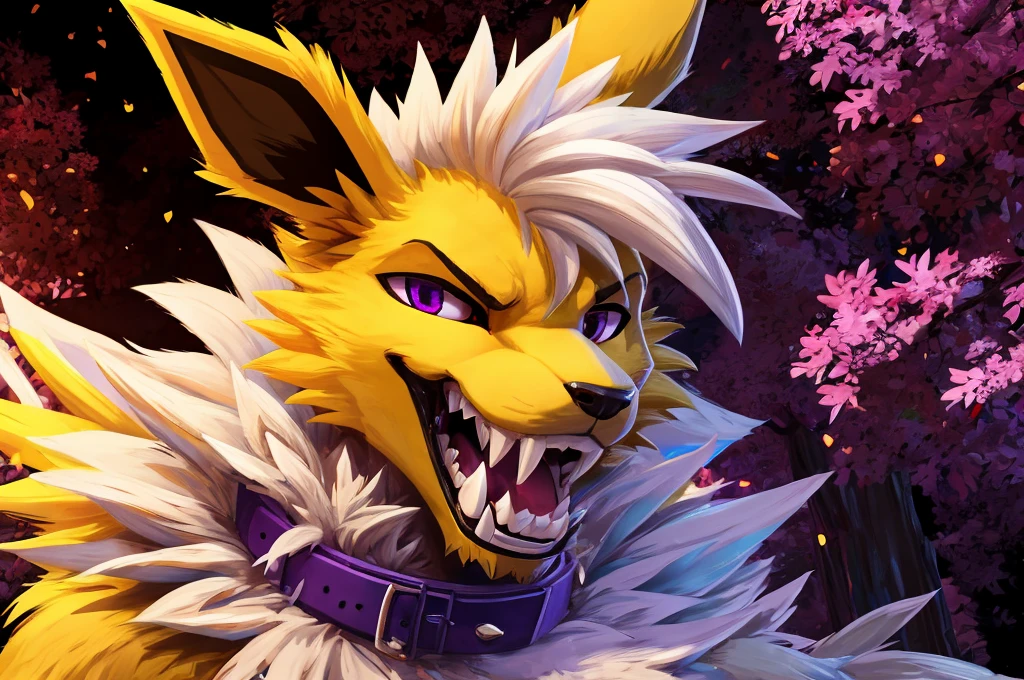 Macro Male Jolteon (pokemon), smug expression, big teeth, high contrast, 8k HD, detailed, hyper-detailed, furry vore, primary fur yellow, secondary fur white, White mohawk, purple eyes, purple collar, best quality, ultra high res, Bully, Teasing, Flirty, Being worshipped