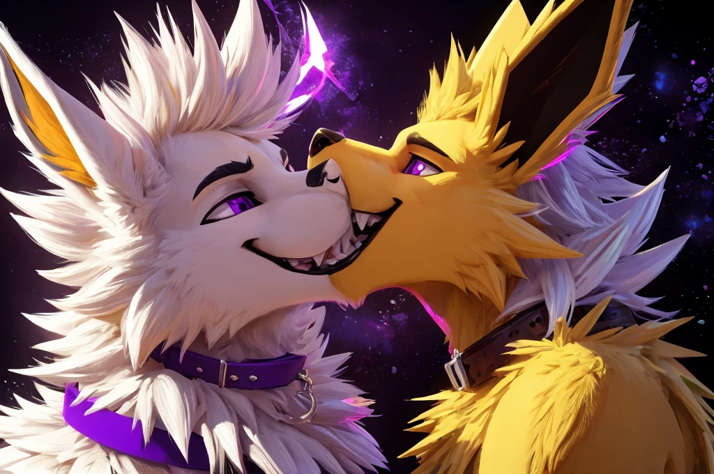 Macro Male Jolteon (pokemon), smug expression, big teeth, high contrast, 8k HD, detailed, hyper-detailed, furry vore, primary fur yellow, secondary fur white, White mohawk, purple eyes, purple collar, best quality, ultra high res, Bully, Teasing, Flirty, Being worshipped