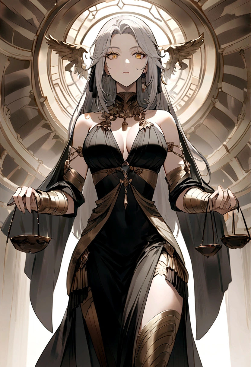（Huang Li、high quality、Extremely detailed），Constellation - Libra goddess，Huge scales，Woman holding a scale，Similar to Latin goodness，brave，capricious，Productivity，The face of enterprising and humanitarianism，Gray hair，Ancient Greek costumes、Wrap Dress，The background is the palace，Golden Eyes（Eyes Details），Powerful appearance