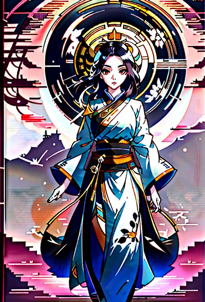 round frame, round circle, circular, create a Japanese circular seal kamon (very colorful with contrast) in the size of the picture on a white background, an indigo-gold art deco circle with a floral art deco pattern in the middle the picture of a stunning beautiful hanfu girl (long black hair)with a beautifully designed clothing with georgeous patterns and massive flower hanfu headpiece. she is posing in front of plain graphic japanese background inside the round frame. cherry blossoms
