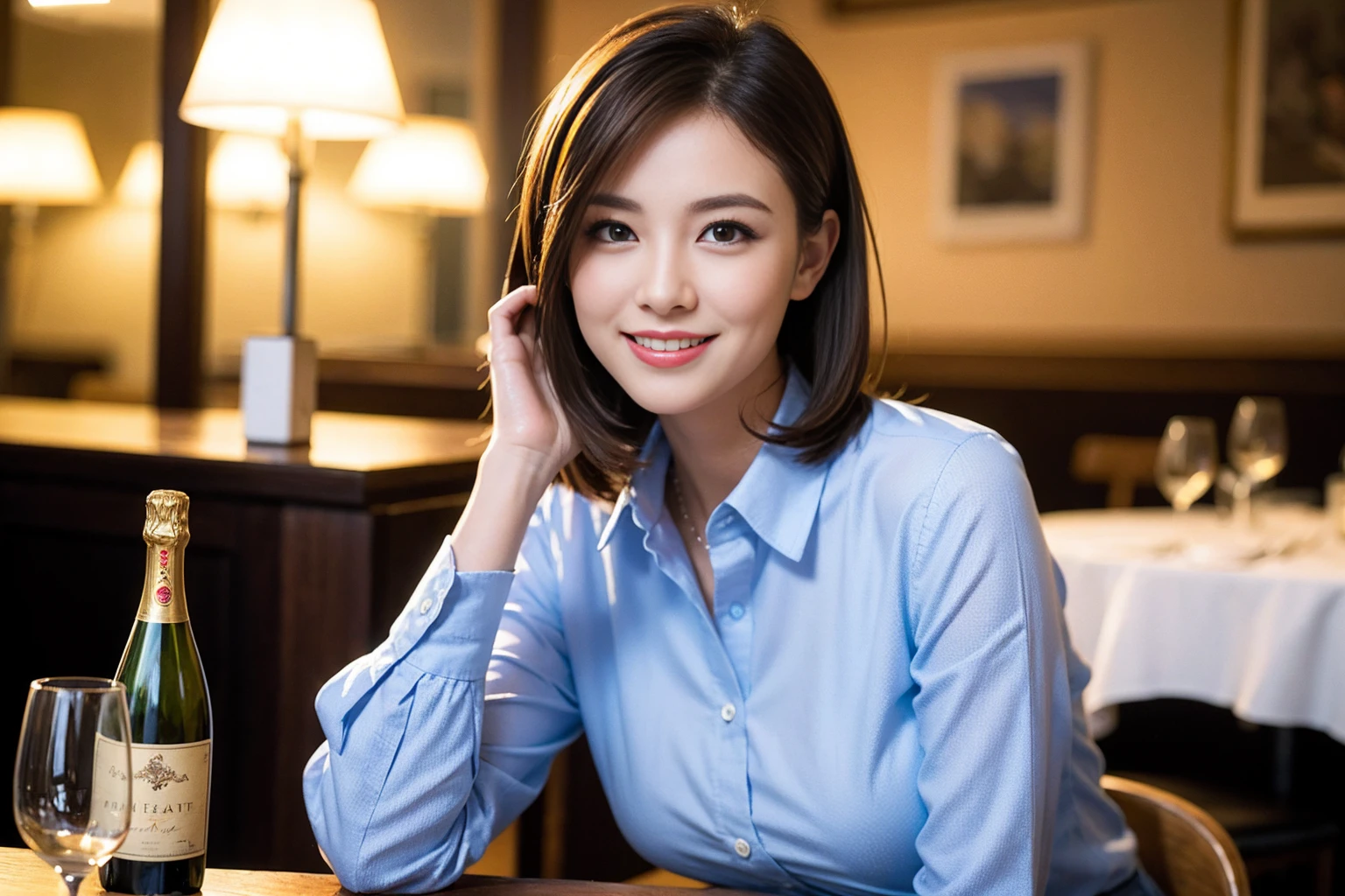 ((Highest quality、8K、masterpiece:1.3))、slimカップル、modelカップル、(Realistic, Intricate details:1.2), full-course dinner、Wine Party、Amazing view of the sunset sky and clouds、A bright smile、The wonderfulness of smile、Bright image、The beauty of wine, Beautiful Face, blue eyes, The light shines on your face, Blushing, short hair,Bright Face、 (Age 37), 39 years old, red wine 、Appetizers、Italian food、Wine bottle、Champagne、sparkling wine、Two beauties、Brown Hair、Shortcuts、Long sleeve shirt、dress、Beautiful woman 1, (slimな顔), (The body is slim), (Brown Hair), (Shortcuts), cheeks turn a little red,Attractive beauty、restaurant, In a prominent place (From the waist up) Nova Frog Style, actress, model, Upper Body, White wine, slim, wine glass, 中央に置かれたwine glass, smile, (smile: 1.15), Beautiful fine grain, Depth f/2,saturation, High Contrast, Strong light and shadow,Moist Body:1.5、3D texture、Delicate eyes、Brown Hair、The hair is very shiny、