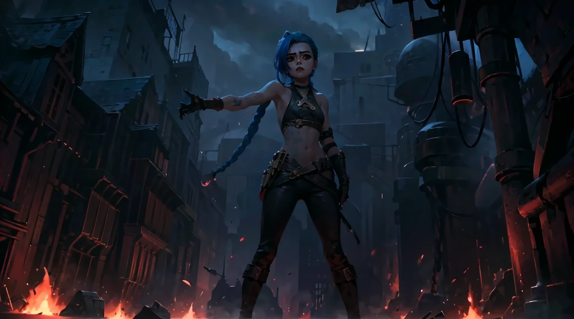 (masterpiece, Best quality), 1 girl, portrait, very sexy, crazy look, smile, crying, pink tears, tears on the cheeks, tears from eyes, full length (full body 1.1.), очень feminine, fighting stance, battle, fire, explosions, burning city, Beautiful waist, gloomy composition, flame, fire, Flash, very beautiful, feminine, long hair, hair braided in long braids, very sexy, tight leather pants, emphasis on the eyes, emphasis on the face, Beautiful face, Hands, Hair, Haired ponytail, red purple eyes, Джинкс crying, Blue cloud tattoo, (masterpiece, Best quality), Side lighting, beautiful detailed eyes, crazy face), (Best quality), (masterpiece), magic photography, Spectacular lighting, Photorealism, ultra detailed, интимная portraitная композиция, 1. 4,8 k UHD, aesthetic, Cd., A high resolution, 8 k, better lighting, Best shade, Ultra-HD, A high resolution, sharp focus, Complex background, Cinematic lighting, ((Landscape view)), 4K block, (better lighting), ((Cinematic lighting)),