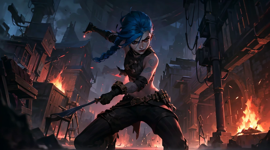 (masterpiece, Best quality), 1 girl, portrait, very sexy, crazy look, smile, crying, pink tears, tears on the cheeks, tears from eyes, full length (full body 1.1.), очень feminine, fighting stance, battle, fire, explosions, burning city, Beautiful waist, gloomy composition, flame, fire, Flash, very beautiful, feminine, long hair, hair braided in long braids, very sexy, tight leather pants, emphasis on the eyes, emphasis on the face, Beautiful face, Hands, Hair, Haired ponytail, red purple eyes, Джинкс crying, Blue cloud tattoo, (masterpiece, Best quality), Side lighting, beautiful detailed eyes, crazy face), (Best quality), (masterpiece), magic photography, Spectacular lighting, Photorealism, ultra detailed, интимная portraitная композиция, 1. 4,8 k UHD, aesthetic, Cd., A high resolution, 8 k, better lighting, Best shade, Ultra-HD, A high resolution, sharp focus, Complex background, Cinematic lighting, ((Landscape view)), 4K block, (better lighting), ((Cinematic lighting)),