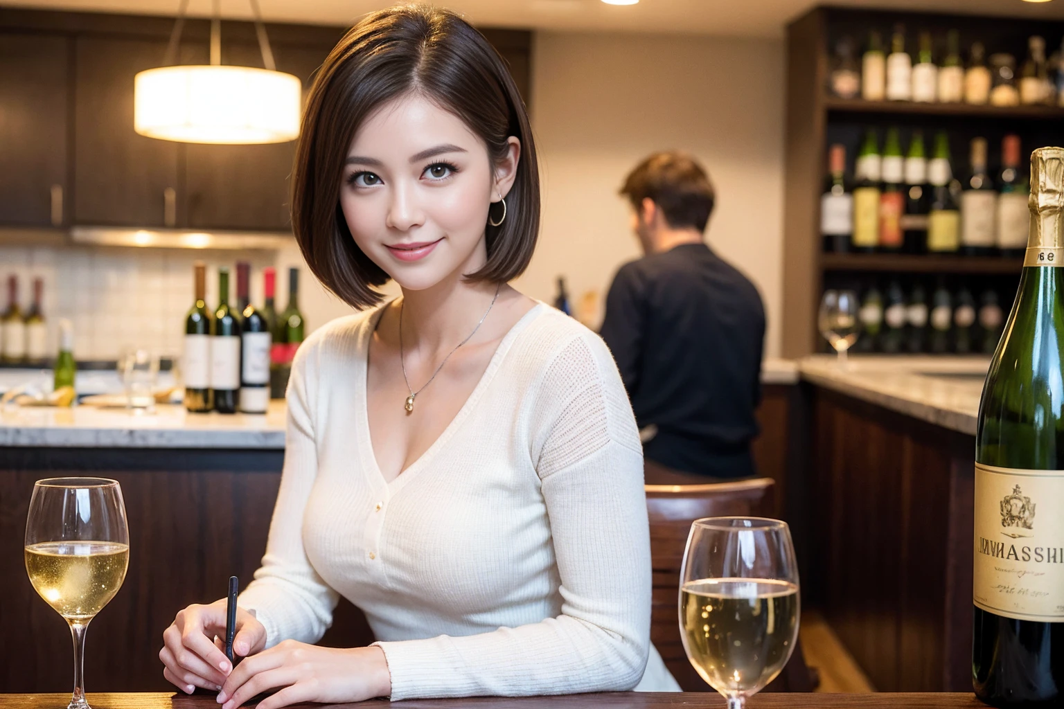 ((Highest quality、8K、masterpiece:1.3))、slimカップル、modelカップル、(Realistic, Intricate details:1.2), full-course dinner、Wine Party、Amazing view of the sunset sky and clouds、A bright smile、The wonderfulness of smile、Bright image、The beauty of wine, Beautiful Face, blue eyes, The light shines on your face, Blushing, short hair,Bright Face、 (Age 37), 39 years old, red wine 、Appetizers、Italian food、Wine bottle、Champagne、sparkling wine、Two beauties、Brown Hair、Shortcuts、Long sleeve shirt、dress、Beautiful woman 1, (slimな顔), (The body is slim), (Brown Hair), (Shortcuts), cheeks turn a little red,Attractive beauty、restaurant, In a prominent place (From the waist up) Nova Frog Style, actress, model, Upper Body, White wine, slim, wine glass, 中央に置かれたwine glass, smile, (smile: 1.15), Beautiful fine grain, Depth f/2,saturation, High Contrast, Strong light and shadow,Moist Body:1.5、3D texture、Delicate eyes、Brown Hair、The hair is very shiny、