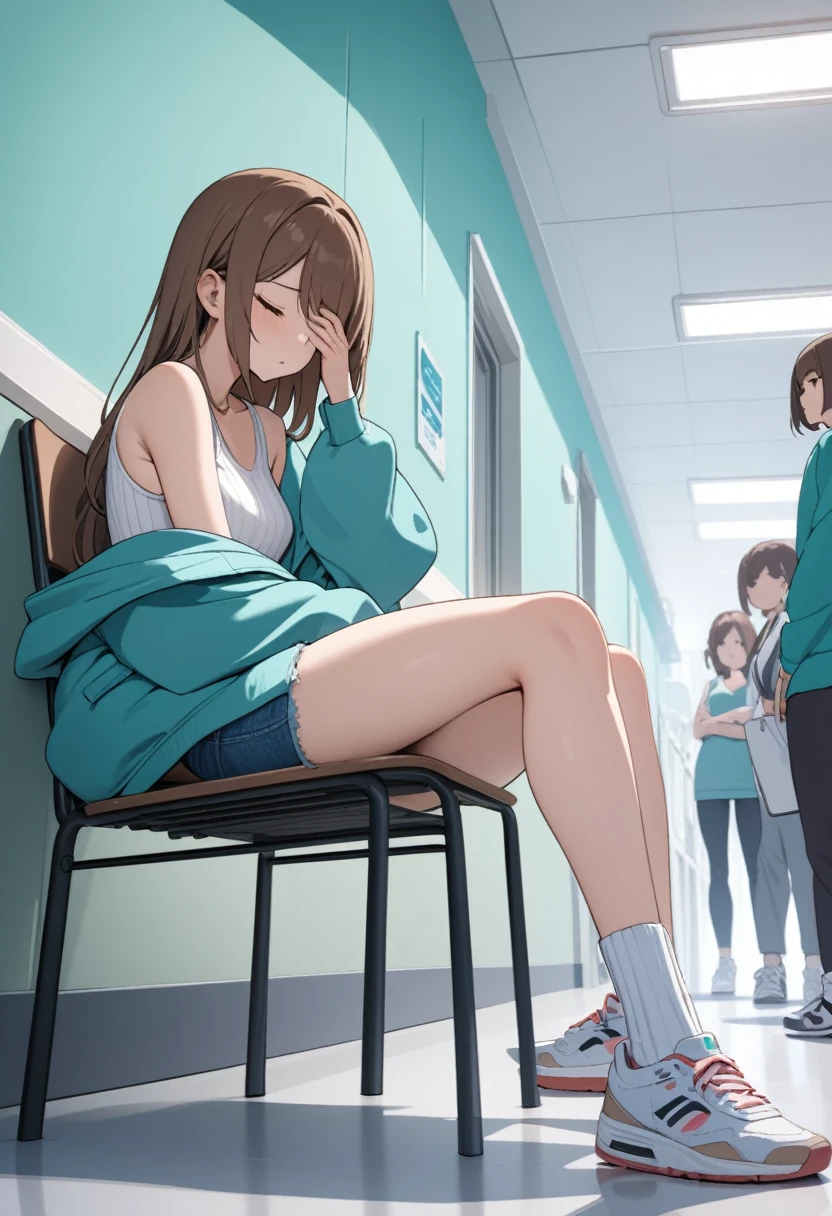 (masterpiece, best quality:1.2), young woman, unamused, facepalm, covered face, very long brown hair, swept bangs, closed eyes, open off shoulder teal hoodie, ribbed white tank top, jean shorts, sneakers, baggy socks, from below, sitting on chair, crowded large hospital hallway, teal walls, white floor, fake plants, small table with magazines, small breasts, thin, indoors 