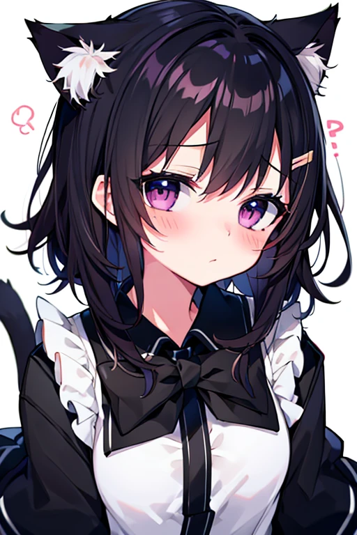 Embarrassed face,blush,One girl,前hair,Tilt your head,From above,whole body,black_hair,Cat ear（white）,Cat&#39;s Tail（white）,Frilled Chalk,Long skirt_dress,（Small Tits）,pink_eye,My Room,Heart Background ,sweets