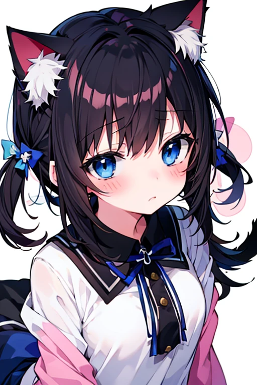 Embarrassed face,blush,One girl,前hair,Tilt your head,From above,whole body,black_hair,Cat ear(white),Cat's Tail(white),Frilled Chalk,Long skirt_dress,(Small Tits),pink_eye,My Room,Heart Background ,sweets