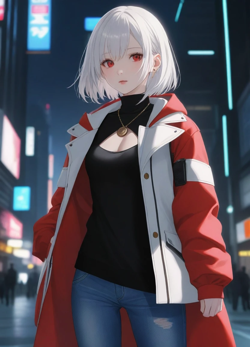 1girl, 15 years old, slim, small breasts, white hair, hairs between eyes, shoulder length hair, pale skin, bright red eye:1.3, white duffle coat and long-sleeve black sweater, open jacket, jeans, gold pocket watches hanging from the neck, BREAK kawaii, smile, cowboy shot, pose, (cyberpunk night city:1.3), neon light, (light particle:1.3), BREAK smooth skin, cinematic lighting, volumetric shadow, BREAK source_anime, score_9, score_8_up, score_7_up, (masterpiece:1.2), (best quality:1.2), (very aesthetic:1.2), (absurdres:1.2), (detailed background), newest, (intricate:1.2), ai-generated, BREAK