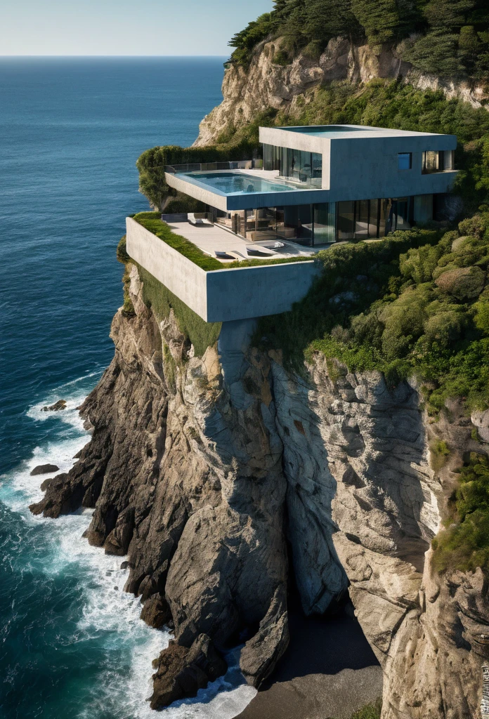 a view of a house on a cliff overlooking the ocean, built around ocean, beautiful place, epic and stunning, incredibly beautiful, very close to real nature, by Seb McKinnon, luxury lifestyle, stunning architecture, incredible masterpiece, 2022, beachfront mansion, 2022, luxury architecture, luxury castle, by Etienne Delessert, nature meets architecture