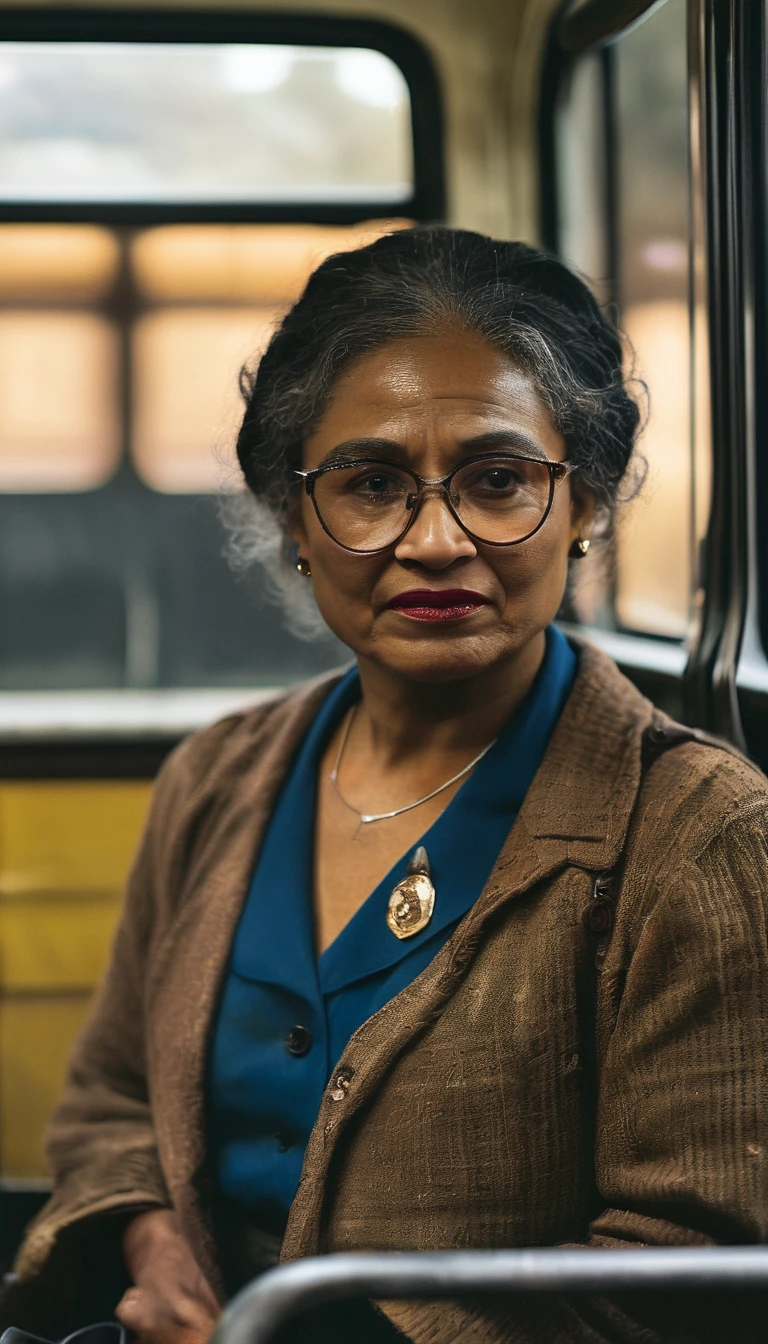 Rosa Parks refusing to give up her bus seat in Montgomery, background dark gold sun, hyper realistic, ultra detailed hyper realistic, photorealistic, Studio Lighting, reflections, dynamic pose, Cinematic, Color Grading, Photography, Shot on 50mm lens, Ultra-Wide Angle, Depth of Field, hyper-detailed, beautifully color, 8k