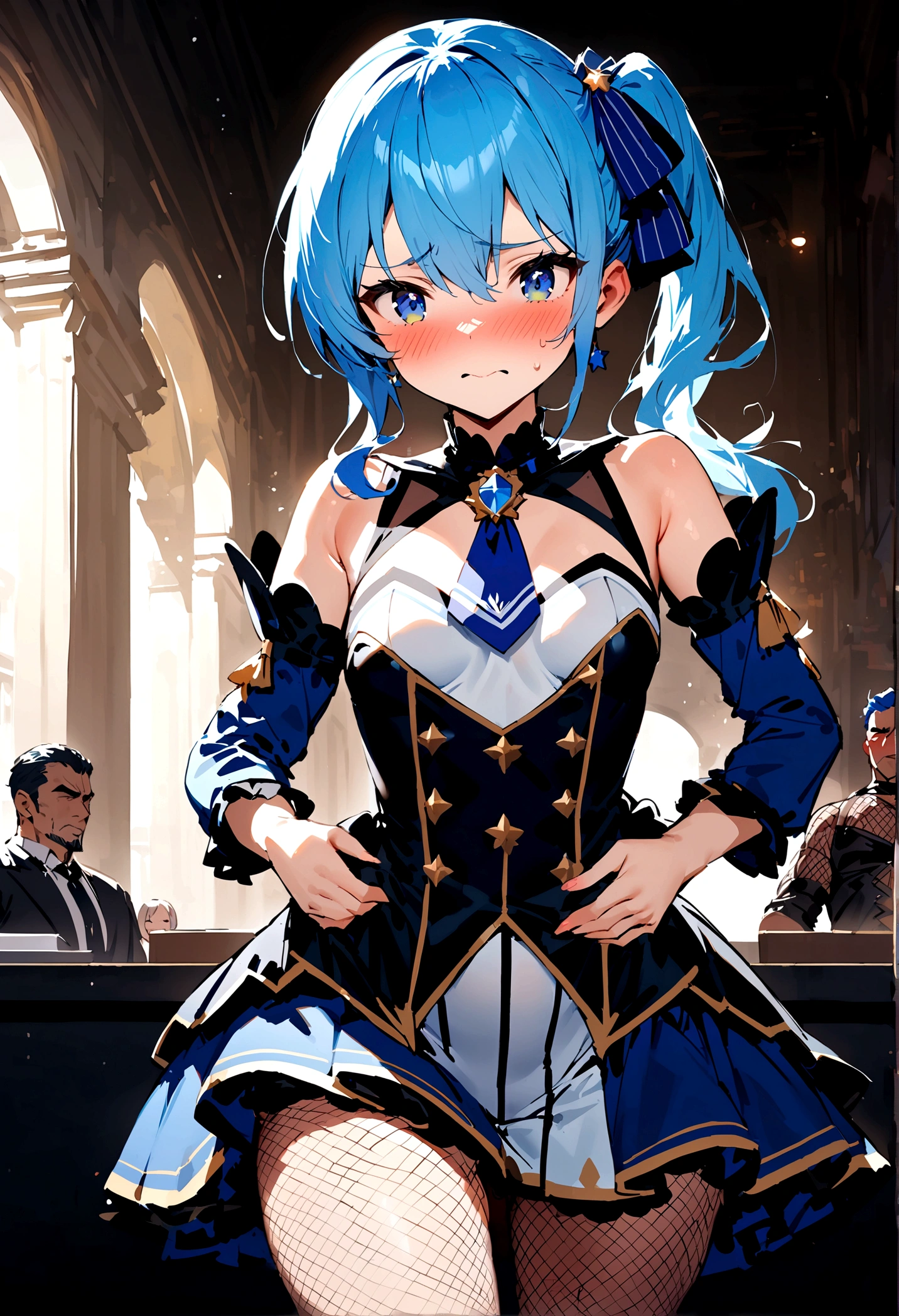 NSFW,masterpiece,Highest quality,High resolution,Super detailed,Star Town Suisei\(Hololive\),Blue Hair,One Side Ponytail,Blue Eyes,Small breasts,White leotard,High leg,Removable sleeves,Micro Mini Skirt,Fishnet tights,Adventurer's Guild,Reception counter,Embarrassed,blush,Expecting face,(Molester),(Strong-faced men),The man puts his hands on her waist and holds her close, and she gives in to him.
