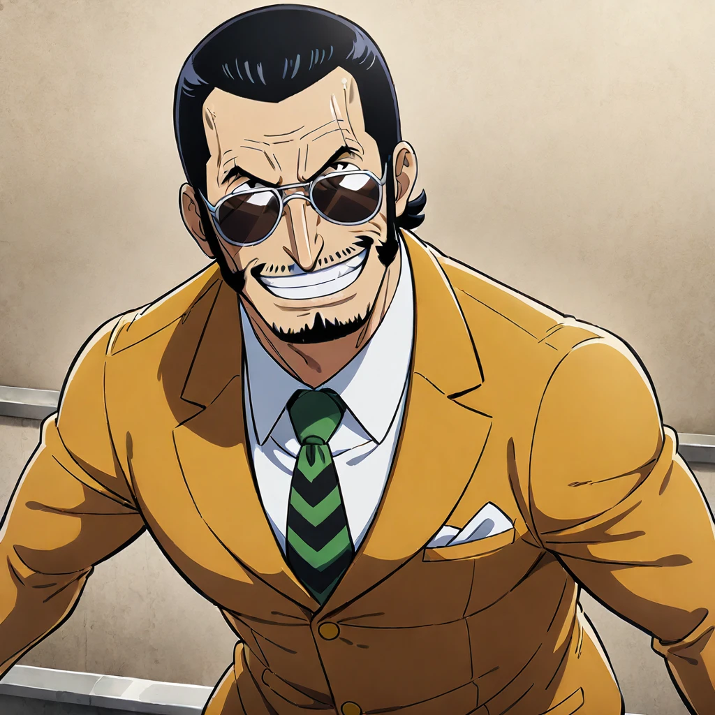 1boy kizaru from one-piece anime, male focus, solo, facial hair, necktie, black hair, sunglasses, smile, ((medium quality)), ((medium quality))