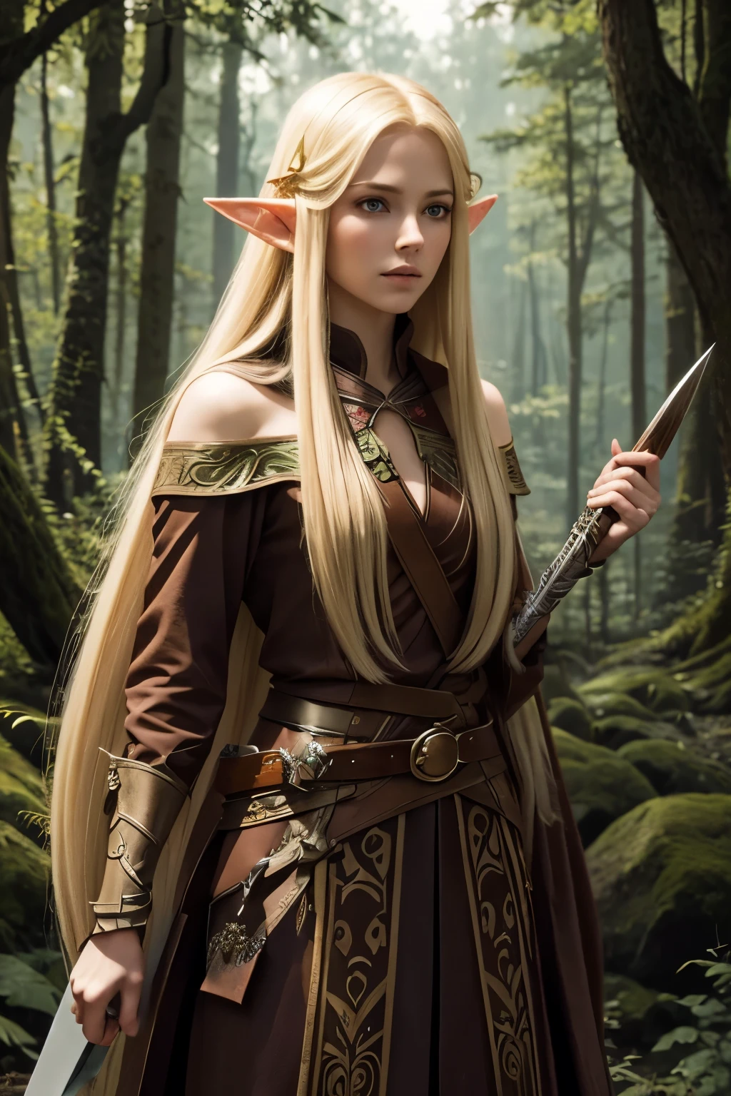 beautiful elf, long blond straight hair, pathfinder, armed with a beautiful dagger, forest in the background
