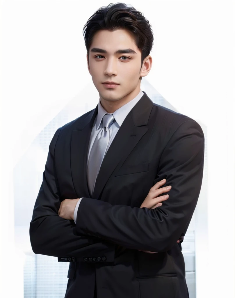 A man in a suit and tie stands with his arms crossed., Handsome and elegant, handsome man, Kaisa Salem, Official Photos, Handsome and charming, promotional pictures, Pose in style, handsome man, doing a graceful pose