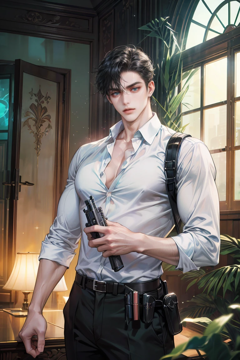 (absurdres, highres, ultra detailed, original character, HDR), 1 russian boy, solo, adult, handsome, ((tall muscular guy, broad shoulders)), finely detailed eyes, (black hair), hair between eyes, turquoise eyes, holographic, futuristic, casual and sexy outfit, gun holster, (body tight unbuttoned white shirt), black trouser, (large man breasts), ((wearing an earring)), cowboy shot, dutch angle, face focused, modern british colonial room, dystopian hong kong city, indoor, window, closed mouth, looking at viewer, depth of field, bokeh