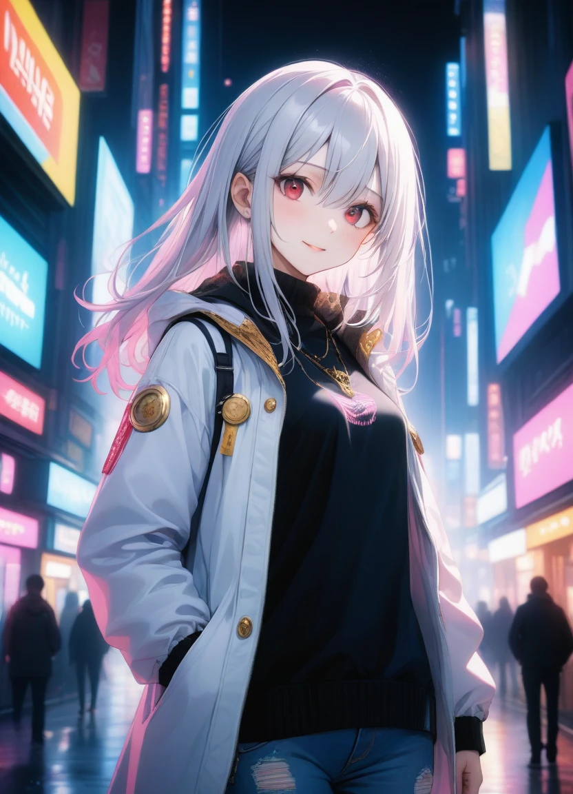 1girl, , slim, small breasts, white hair, hairs between eyes, shoulder length hair, pale skin, bright red eye:1.3, white duffle coat and long-sleeve black sweater, open jacket, jeans, gold pocket watches hanging from the neck, BREAK kawaii, smile, cowboy shot, pose, (cyberpunk night city:1.3), neon light, (light particle:1.3), BREAK smooth skin, cinematic lighting, volumetric shadow, BREAK source_anime, score_9, score_8_up, score_7_up, (masterpiece:1.2), (best quality:1.2), (very aesthetic:1.2), (absurdres:1.2), (detailed background), newest, (intricate:1.2), ai-generated, BREAK