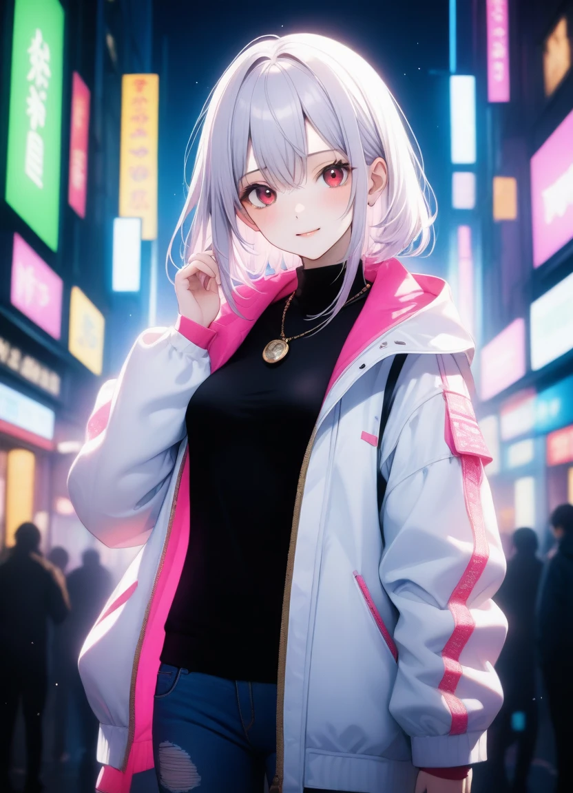 1girl, , slim, small breasts, white hair, hairs between eyes, shoulder length hair, pale skin, bright red eye:1.3, white duffle coat and long-sleeve black sweater, open jacket, jeans, gold pocket watches hanging from the neck, BREAK kawaii, smile, cowboy shot, pose, (cyberpunk night city:1.3), neon light, (light particle:1.3), BREAK smooth skin, cinematic lighting, volumetric shadow, BREAK source_anime, score_9, score_8_up, score_7_up, (masterpiece:1.2), (best quality:1.2), (very aesthetic:1.2), (absurdres:1.2), (detailed background), newest, (intricate:1.2), ai-generated, BREAK