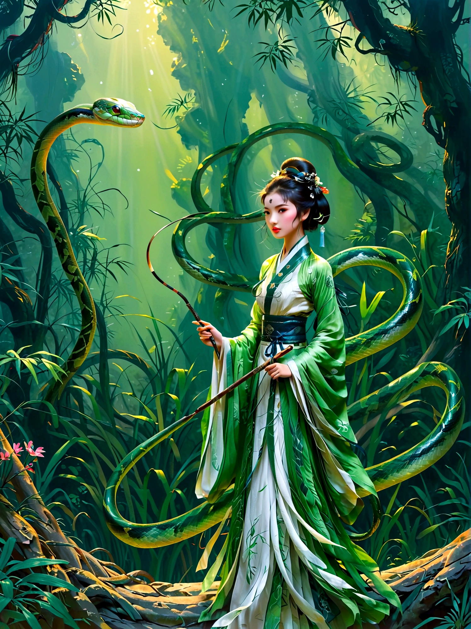 A  wearing a blue and white Hanfu，Holding a long sword，Behind is a dense bamboo forest，Around her，(A graceful green snake coiled upwards:1.5)，As if showing a mysterious power，This work is full of inspiration，Inspired by the Chinese story of the Legend of the White Snake，Through meticulous and realistic details，It makes people feel like being in an ancient and mysterious world