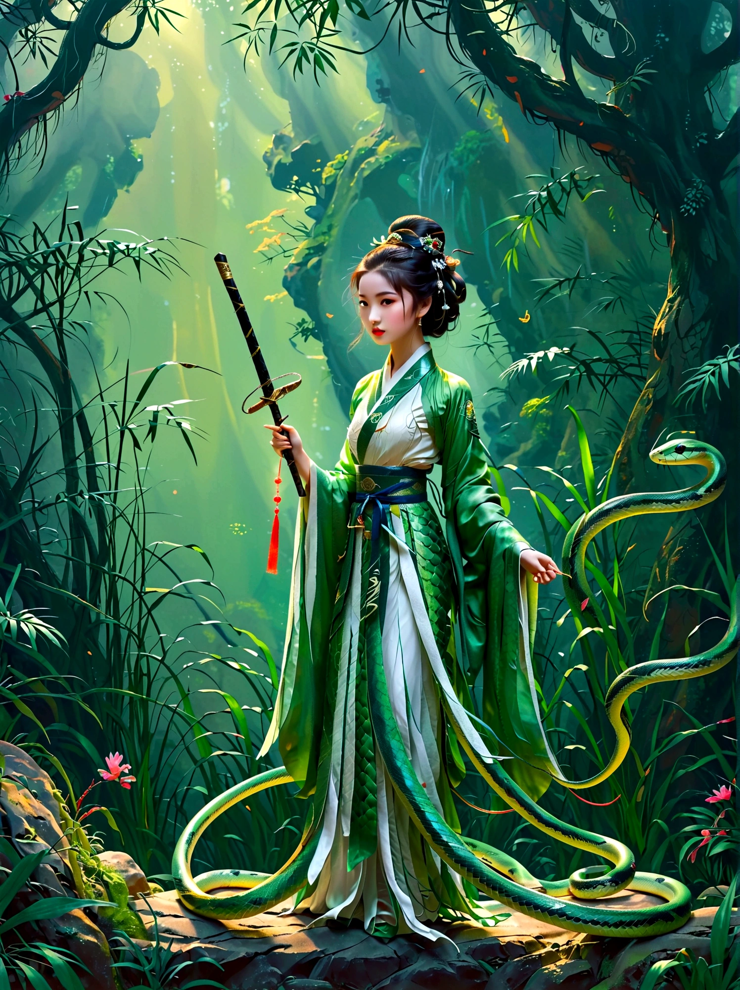 A *********** wearing a blue and white Hanfu，Holding a long sword，Behind is a dense bamboo forest，Around her，(A graceful green snake coiled upwards:1.5)，As if showing a mysterious power，This work is full of inspiration，Inspired by the Chinese story of the Legend of the White Snake，Through meticulous and realistic details，It makes people feel like being in an ancient and mysterious world