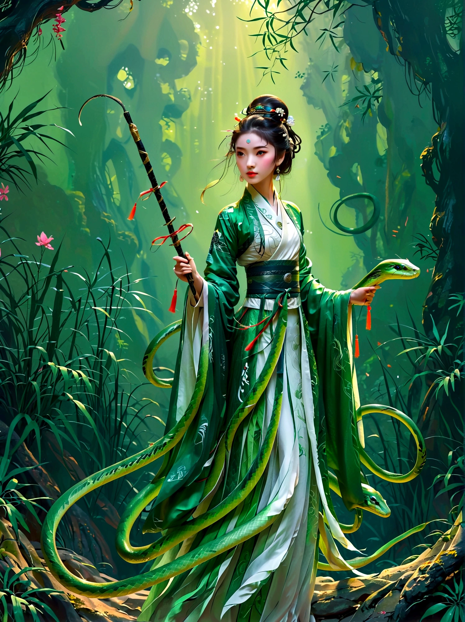 A *********** wearing a blue and white Hanfu，Holding a long sword，Behind is a dense bamboo forest，Around her，(A graceful green snake coiled upwards:1.5)，As if showing a mysterious power，This work is full of inspiration，Inspired by the Chinese story of the Legend of the White Snake，Through meticulous and realistic details，It makes people feel like being in an ancient and mysterious world