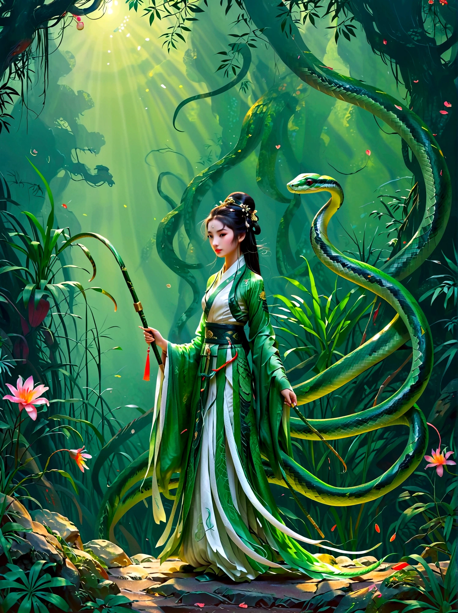 A  wearing a blue and white Hanfu，Holding a long sword，Behind is a dense bamboo forest，Around her，(A graceful green snake coiled upwards:1.5)，As if showing a mysterious power，This work is full of inspiration，Inspired by the Chinese story of the Legend of the White Snake，Through meticulous and realistic details，It makes people feel like being in an ancient and mysterious world