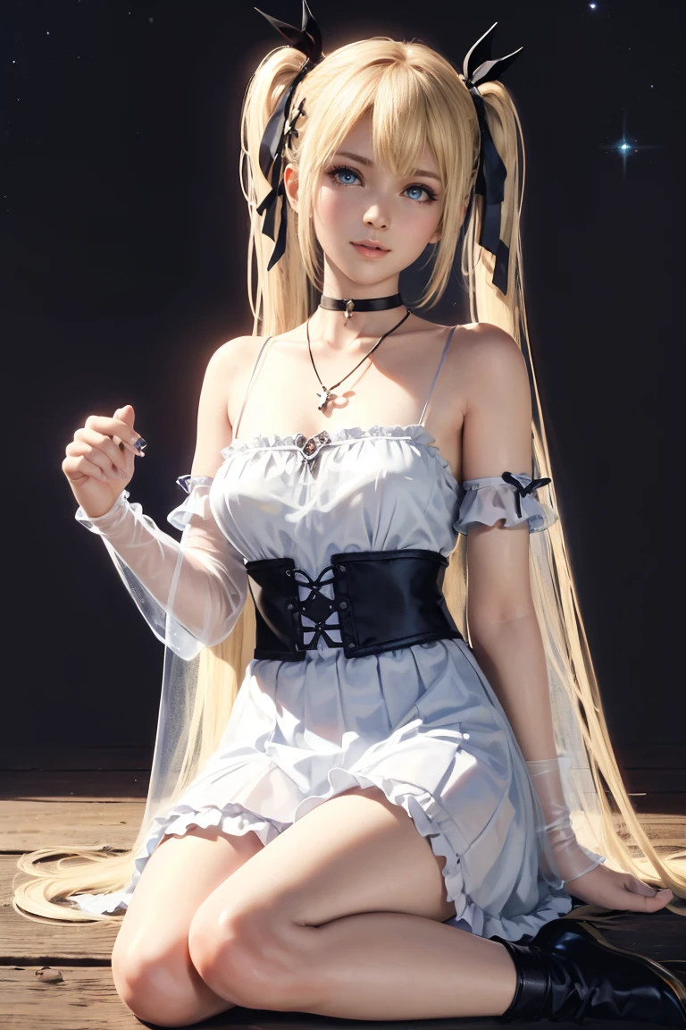 (Fluorescent color: 1.4), (translucent: 1.4), (Vintage filter: 1.4), (Fantasy: 1.4), Moon night background,, Ultra-realistic, super high quality, Cinema Lighting, Shadows in the movie, Extensive details, Full HD Painting, Enough light, The most beautiful and gorgeous girl, Ultra-high resolution, Fine skin, (Strong light), ((Lighten up the subject)), White collared dress, Wearing a black gothic lolita dress, Knee-high socks, choker, Ear Piercing, necklace, masterpiece, Highest quality, Real Skin, (Portraiture:1.5), 1 Girl, Blunt bangs, Blonde wavy long hair, Twin tails, Twin tails,