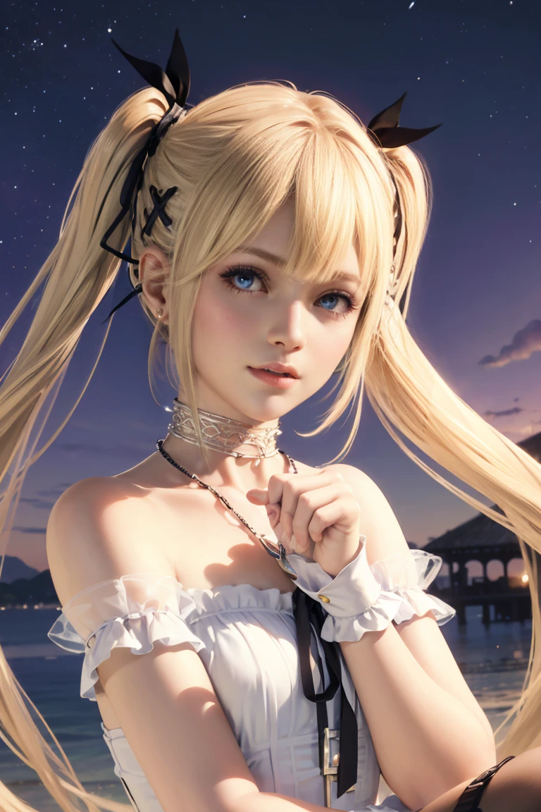 Marie Rose, anime girl with blonde hair and hair ornament, artwork in the style of guweiz, photorealistic anime girl render, photorealistic anime, Hyper realistic anime, Anime. Soft lighting, soft portrait shot 8 k, Realistic anime art style, 3 d anime realistic, 8K Art Germ Bokeh, Anime Realism Style, kawaii realistic portrait, Beautiful anime portraits、wearing black gothic clothes、wearing black gothic accessories、
