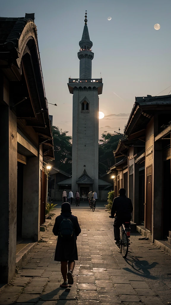 Indonesian people in the morning when it is still dark go to the mosque on touring bicycles to pray at dawn with the moon at the mosque