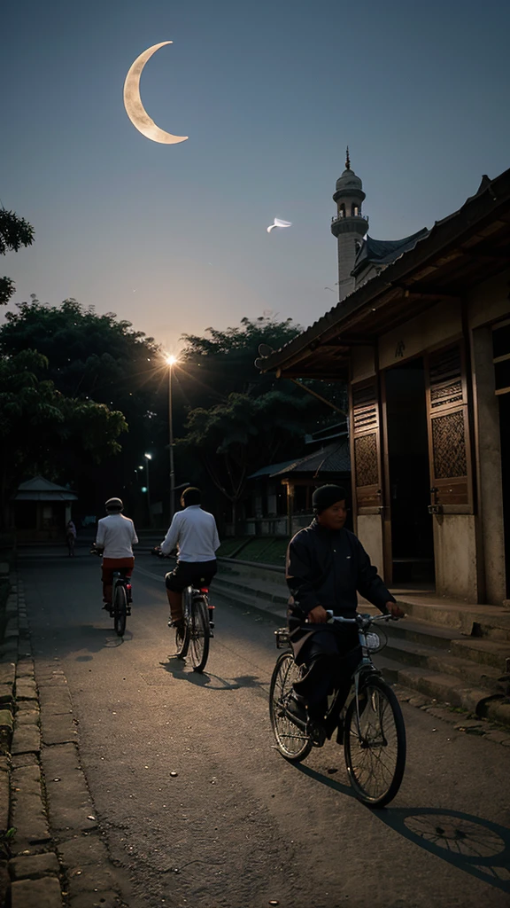 Indonesian people in the morning when it is still dark go to the mosque on touring bicycles to pray at dawn with the moon at the mosque