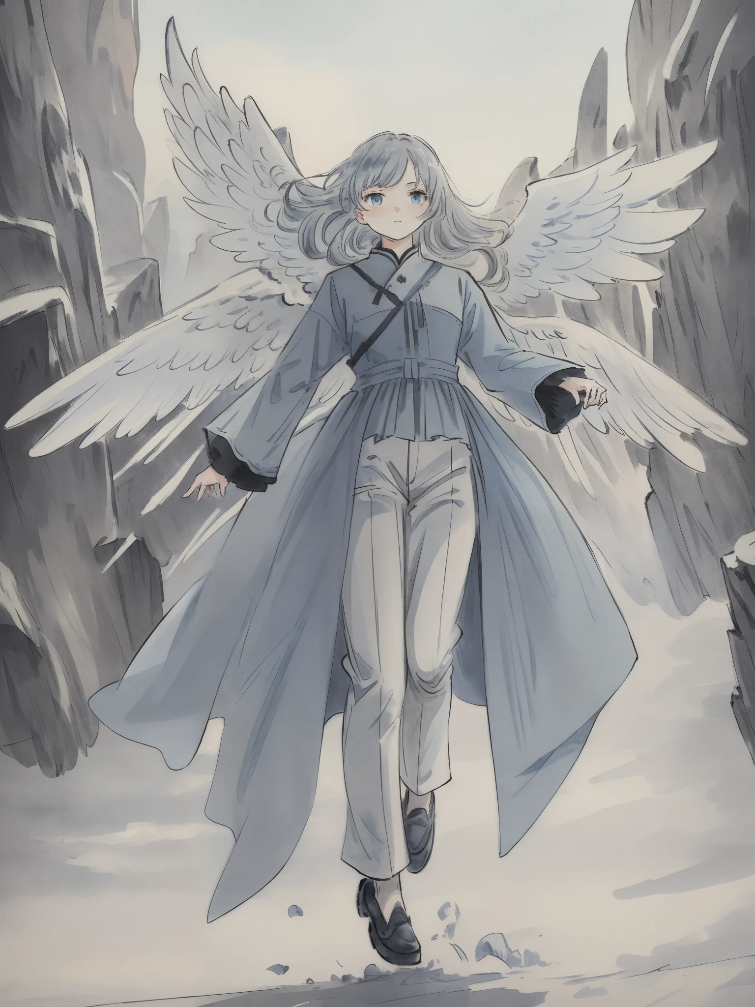 Masterpiece, Highest quality, Low Contrast((must))A Russian girl in her early 20s with ash grey hair, Head to toe full body, wearing, falling angel with a gorgeous costume, The face is dense((must)), light blue tone