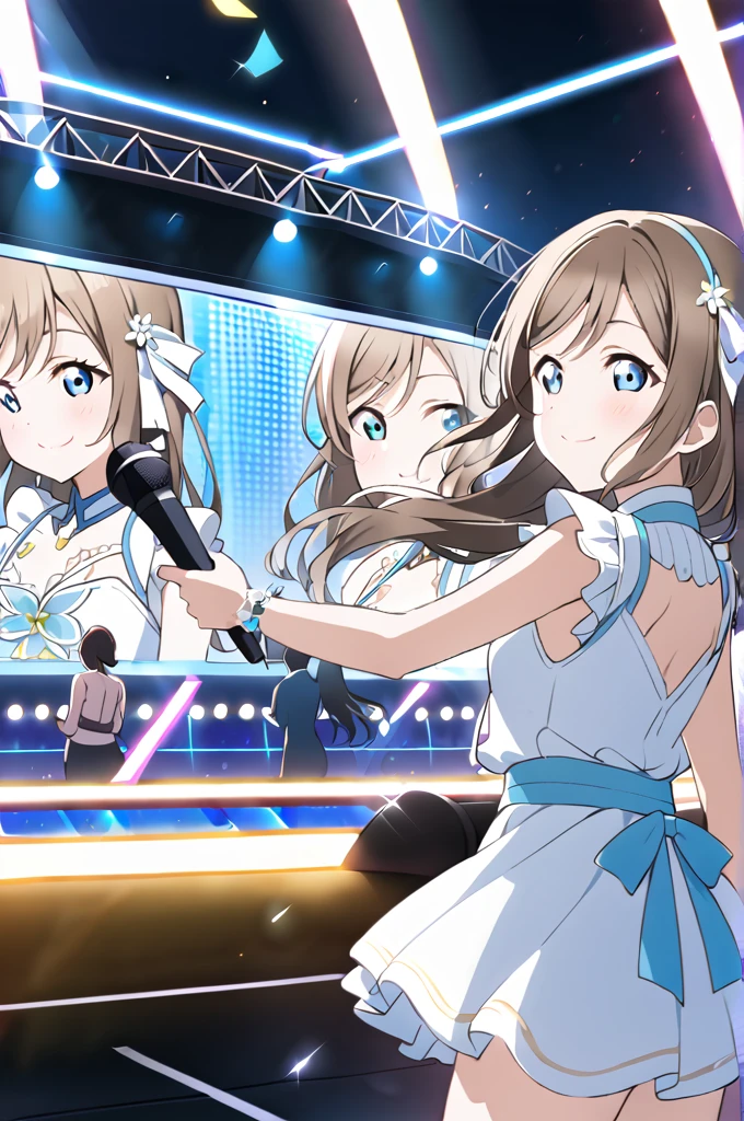 Sakurazaka Shizuku Dark brown hair Long Hair Light blue eyes A large hair ribbon on the back of the head ((1People Girls)) White dress with light blue lines Flower wrist headband smile Live Stage LoveLive microphone one man live