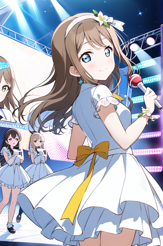 Sakurazaka Shizuku　Dark brown hair　Long Hair　Light blue eyes　A large hair ribbon on the back of the head　((１People Girls))　White dress with light blue lines　Flower wrist headband　smile　Live Stage　LoveLive　microphone　one man live