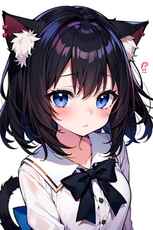 Embarrassed face,blush,One girl,前hair,Tilt your head,From above,whole body,black_hair,Cat ear(white),Cat's Tail(white),Frilled Chalk,Long skirt_dress,(Small Tits),pink_eye,My Room,Heart Background ,Eating a donut