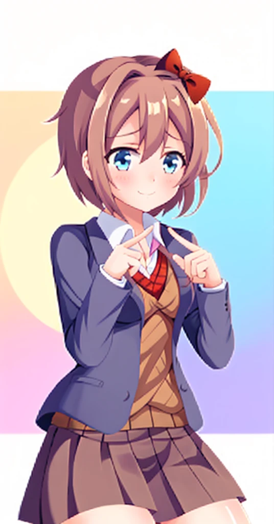 one girl, Sayori, DDLC, school blazer, hair bow, close to girl, light blue eyes, beautiful, index finders together, ashamed, blush, upward glance, dry smile, index finders, shifty eyes, short skirt, girl focus