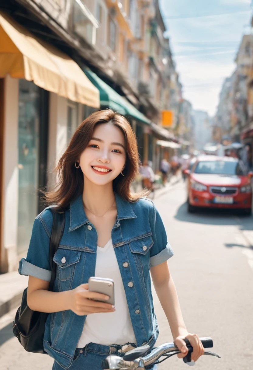 (masterpiece:1.5), highest quality, Super detailed, very detailed, exquisite, 16k, Full HD, very aesthetic, absurdres, realistic style, 1girl, high school girl, beautiful, female, , shoulder-length brown hair, brown hair, joyful smile, extreme close-up of lips, glossy, slightly parted, trendy casual fashion, denim jacket, white T-shirt, shorts, sneakers, holding smartphone, taking a selfie, busy street with cafes and boutiques, sunny afternoon, bright sunlight on girl's face, soft shadows, people and bicycles in the background, blue sky and tall buildings in the distance, sharp focus on subject, vivid colors, cheerful and lively atmosphere, warm sunlight feel