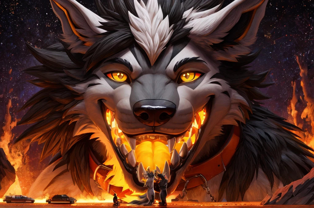 Macro Male Mightyena (pokemon), smug expression, big teeth, high contrast, 8k HD, detailed, hyper-detailed, furry vore, primary fur Grey, secondary fur Black, yellow eyes, orange collar, best quality, ultra high res, Bully, Teasing, Flirty, Being worshipped