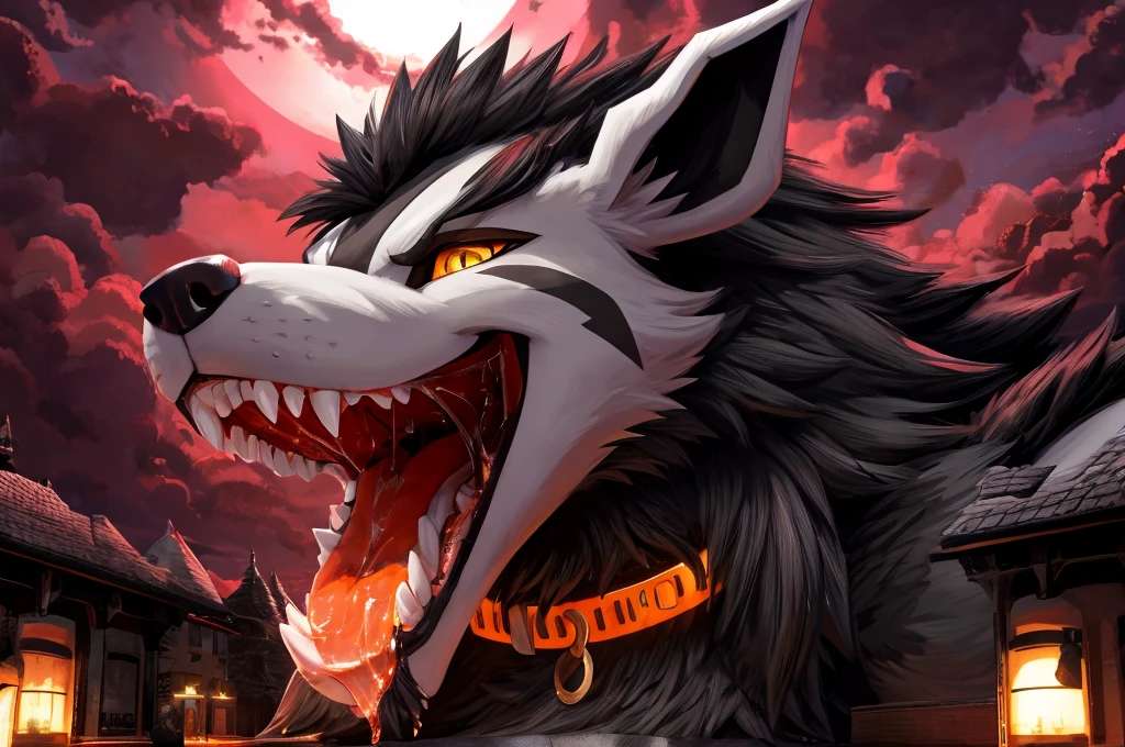 Macro Male Mightyena (pokemon), smug expression, big teeth, high contrast, 8k HD, detailed, hyper-detailed, furry vore, primary fur Grey, secondary fur Black, yellow eyes, orange collar, best quality, ultra high res, Bully, Teasing, Flirty, Being worshipped
