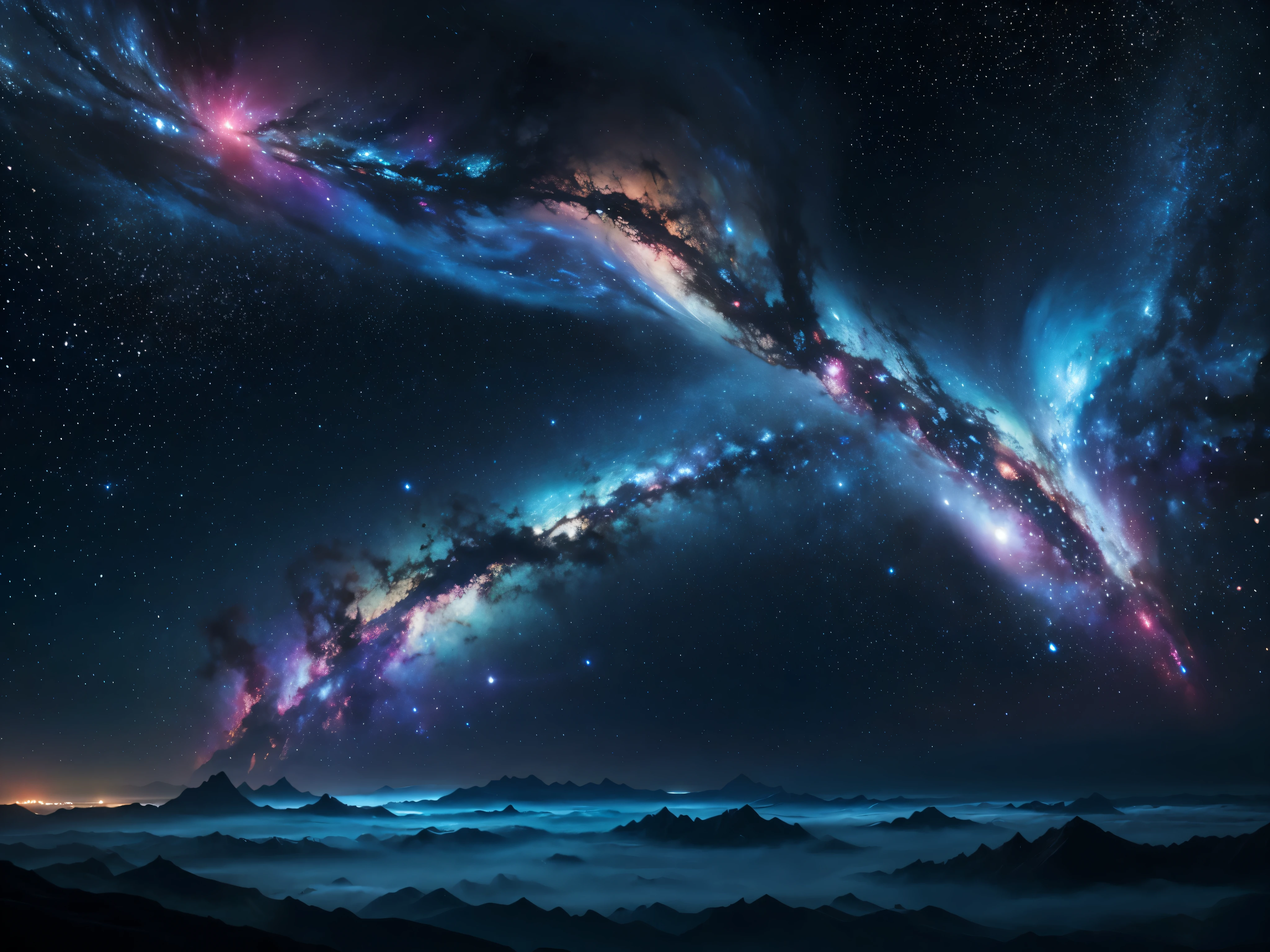 a surreal abstract landscape, nebula, cosmic background, glowing stars, galaxy, colorful swirling clouds, ethereal atmosphere, digital art, 8k, highly detailed, photorealistic, cinematic lighting, dramatic lighting, vibrant colors, otherworldly, mysterious, awe-inspiring